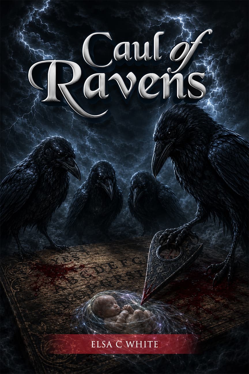 Book cover for Caul of Ravens: four ravens gathered around an Ouija board planchette above a swaddled infant, storm and lightning filling a dark sky behind them.