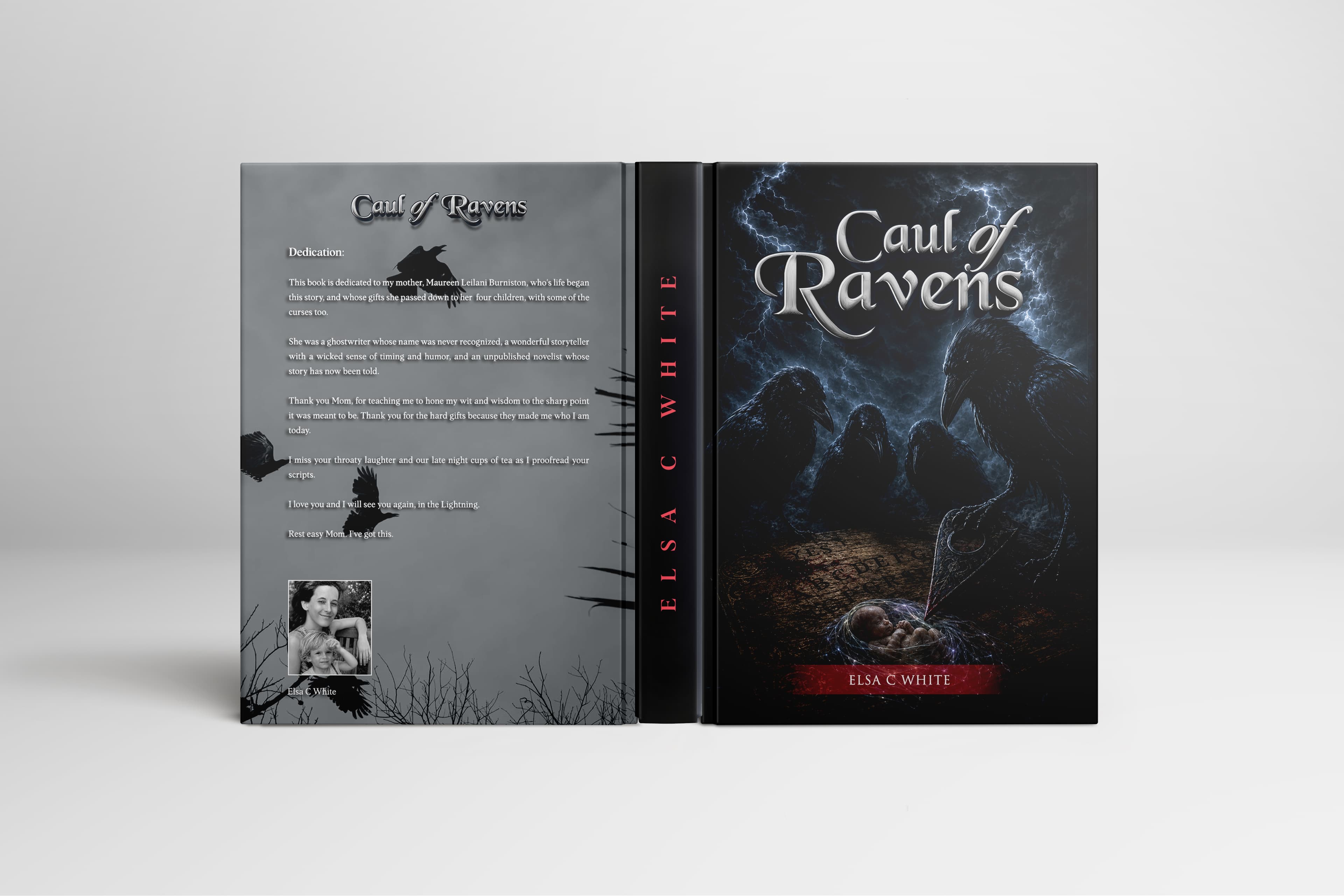 Hardcover mockup of Caul of Ravens, standing open to show the front cover, spine, and dedication page.