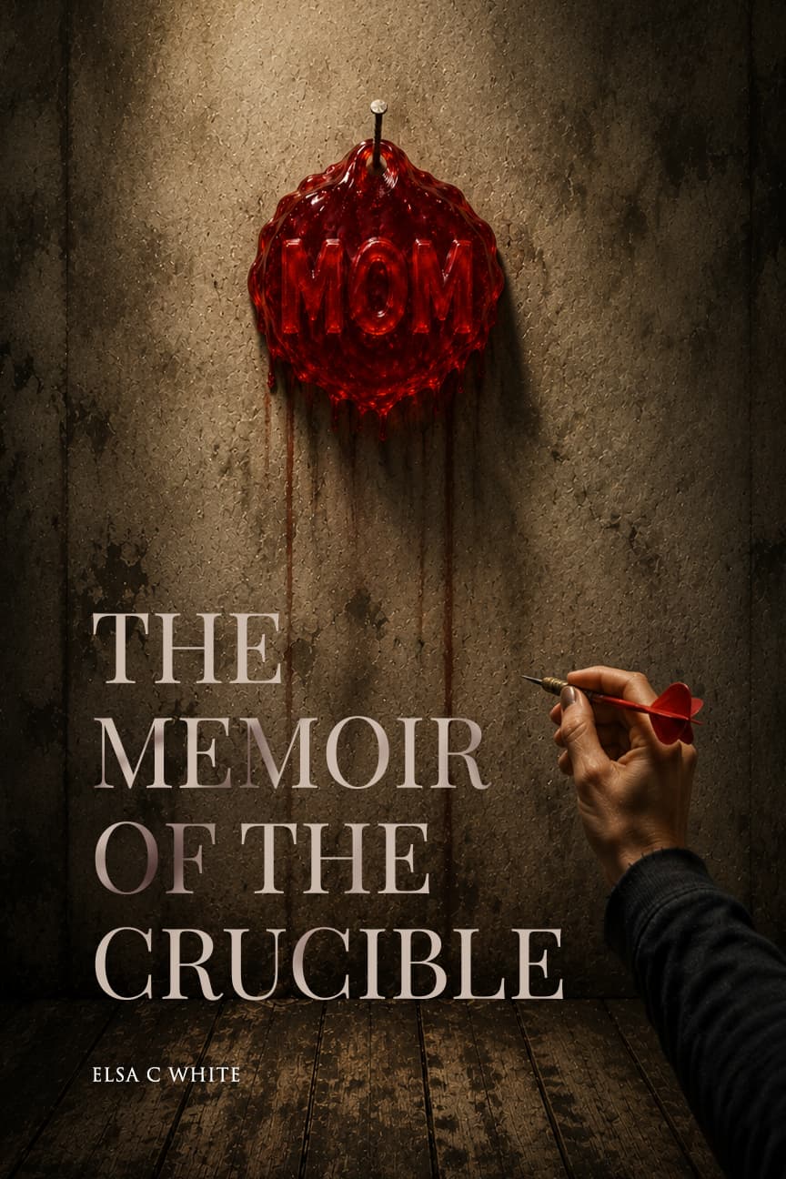 Book cover for The Memoir of the Crucible: a dripping red wax seal reading MOM nailed to a bare wall, a hand holding a dart raised toward it.