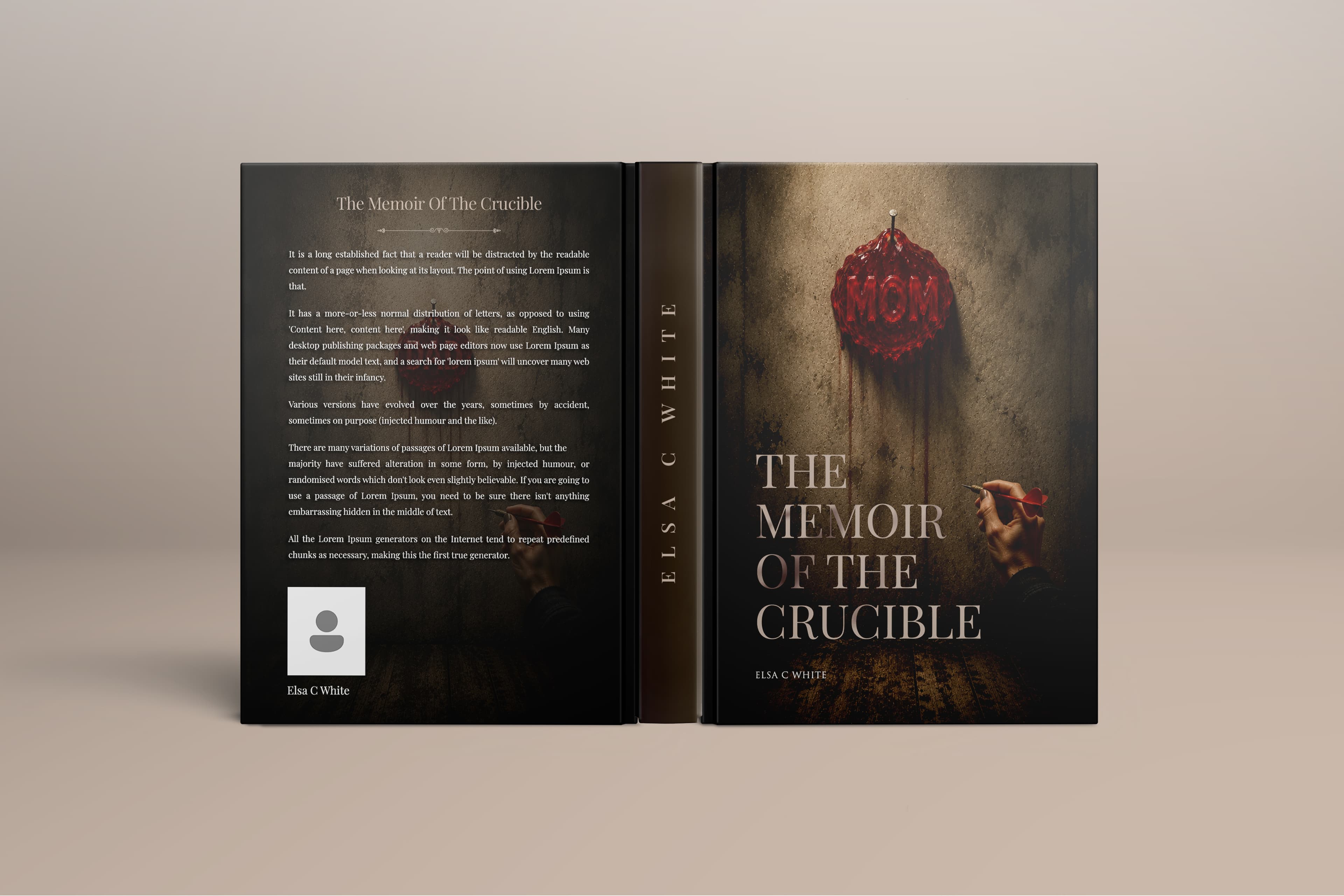 Hardcover mockup of The Memoir of the Crucible, standing open to show the front cover, spine, and back cover.